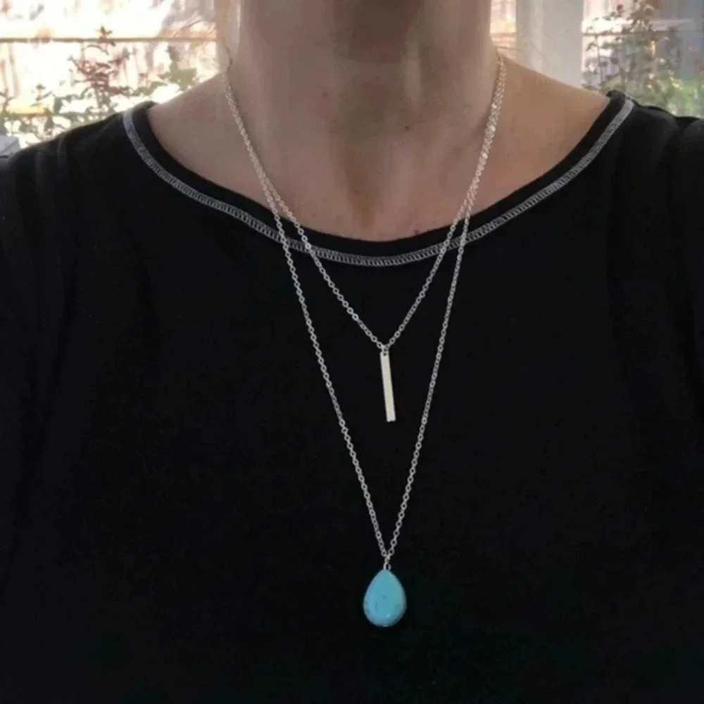 Double Strand Turquoise & Bar Silver Fashion Statement Long Necklace NWT